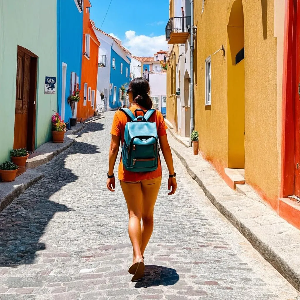 A woman walking confidently down a scenic Portuguese street.